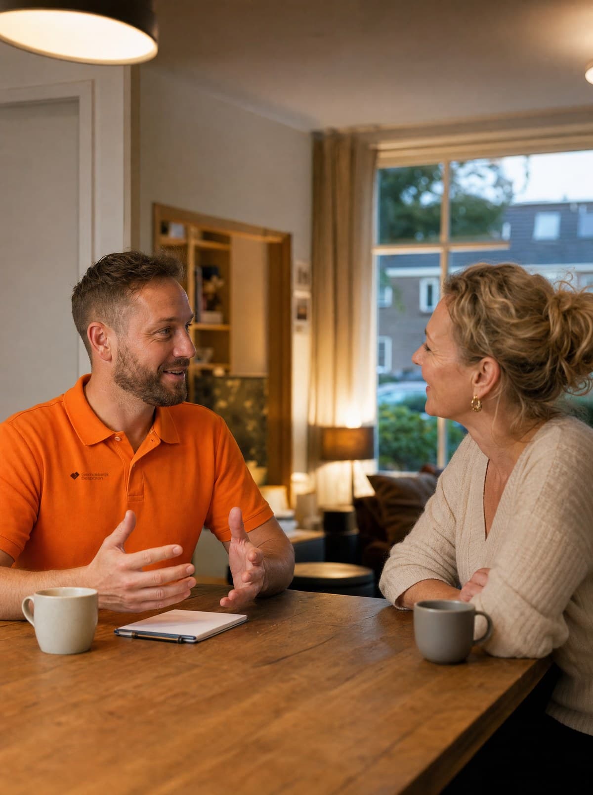 Adviseur van Gemakkelijk Besparen in gesprek aan de keukentafel