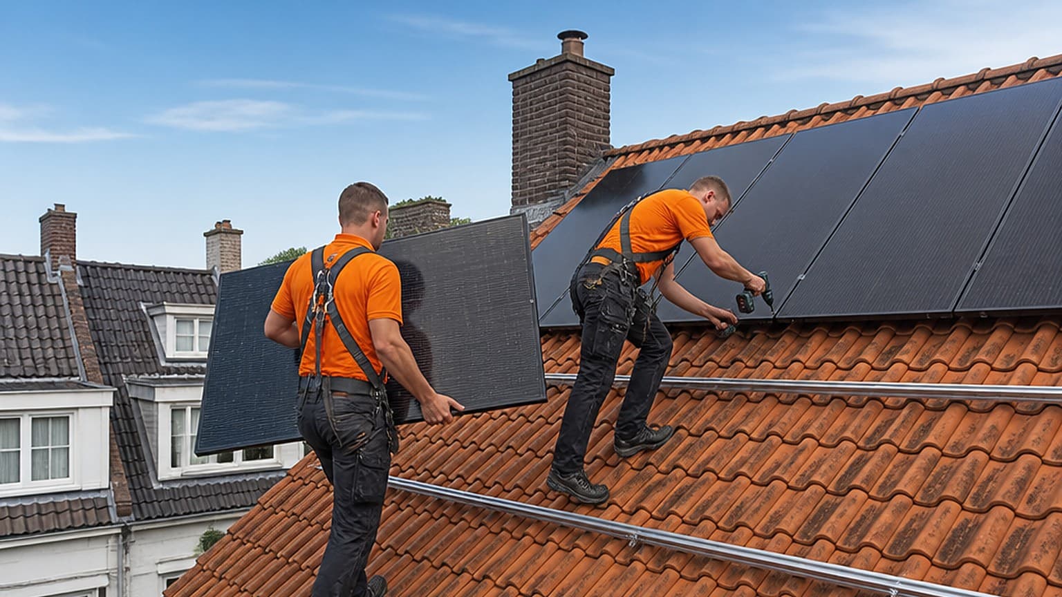 Twee monteurs, van achteren gezien, plaatsen zwarte zonnepanelen op een pannendak