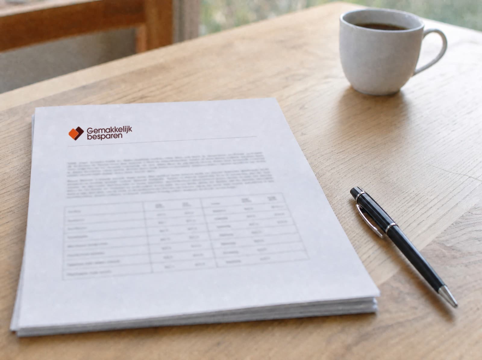 Uitgeprinte offerte van Gemakkelijk Besparen op de keukentafel, met pen en koffie