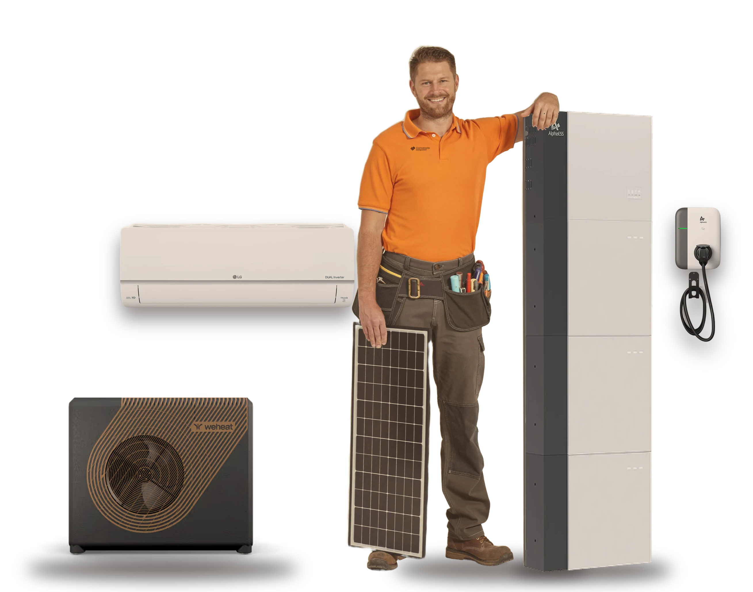Installateur van Gemakkelijk Besparen met een zonnepaneel, naast een thuisbatterij, warmtepomp, airco en laadpaal